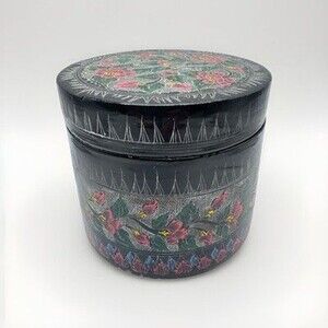 Vintage Black Lacquer Nesting Round Trinket Boxes  Hand Painted Floral Set Of 3